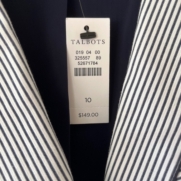 Talbots Sz 10 Navy White Striped Piped Blazer Jacket Patch Pockets Fully Lined - Picture 4 of 11